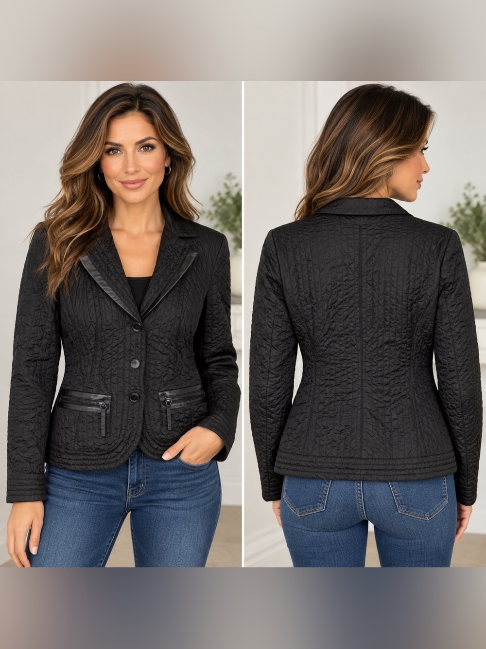 Armani Collezioni Womens 6 Black Quilted Blazer Jacket Zip Pockets Italy 42